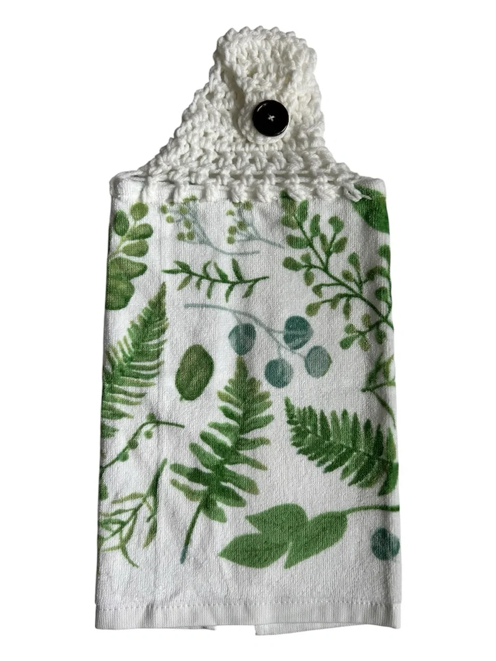 Hand Crafted Colorful Green Ferns Hanging Hand Towels Crochet Top Button Closure